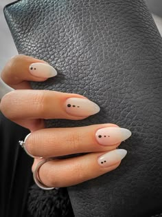 Trendy French Almond Nails, Almost Shape Nail Designs, Short Almond Nails Boho, Minimalist Line Nail Art, Gold Dot Nails, Neutral Nail Designs Almond, Witchy Manicure, Nude And Black Nail Designs, Elegant Simple Nails