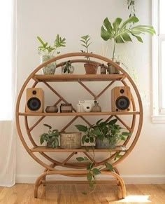 a wooden shelf with plants and speakers on it