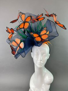 NAVY & MONARCH BUTTERFLY FASCINATOR – The Hat Hive Bridgerton Garden Party, Bridgerton Garden, Butterfly Fascinator, Unique Fascinators, Derby Hats Fascinators, Comfortable Headbands, Monarch Butterflies, Derby Day, Fascinator Hats