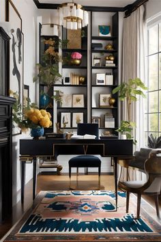 a home office decorated in black and gold