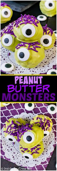 some food that looks like monsters with purple sprinkles and eyes on them