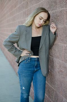 NEED more classy pieces like this? I just LOVE the oversized look. Neutral Blazer, Style A Blazer, Favorite Weather, Dark Academia Outfits, New Jean, Academia Outfits, Patterned Skirt, My Outfit, Grey Blazer