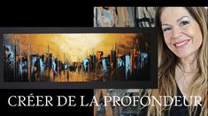 a woman holding up a painting in front of a black background with the words creer de la profoondeur