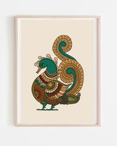 a framed art print with a peacock on it's back and an intricately designed tail