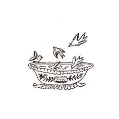 a drawing of a bowl with birds flying around it