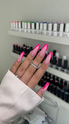 Bright French Tips, Nagel Pink, Bright Acrylic Nails, Sparkling Nails, Neon Pink Nails, Simple Acrylic Nails, Pink Acrylic Nails