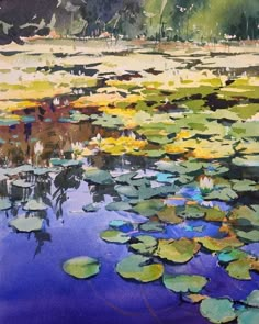 a painting of water lilies and trees in the background