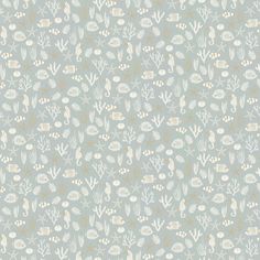 a blue and white wallpaper with seaweeds on the bottom, gold accents