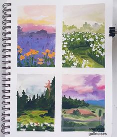 four different pictures of flowers and trees in watercolors on a white paper with black marker