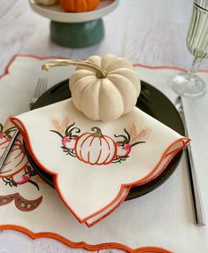 Elevate your fall dining experience with our beautiful Thanksgiving Pumpkin Embroidered Napkins. This charming autumn-inspired napkin set adds a warm touch to any gathering, perfect for Thanksgiving and harvest-themed celebrations.  - Includes intricately embroidered pumpkin and wheat designs on napkins. - Ideal for Autumn dinners, Thanksgiving feasts, and seasonal parties. - High quality fabric with scalloped edges and vibrant fall colors - Adds a festive and elegant touch to your table setting Autumn Dinners, Autumn Dinner Party, Thanksgiving Themes, Country Kitchen Tables, Harvest Theme, Embroidered Pumpkin, Autumn Dinner, Embroidery Napkins, Rustic Napkins