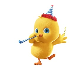 a yellow duck with a party hat and streamer in its mouth is holding a candy cane