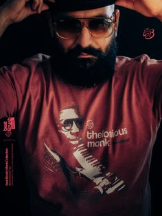 Portrait of a cool guy wearing a crimson tee featuring the Thelonious Monk design. Halftone Graphic, Graphic Tees Street Style, Jazz Clubs, Jazz Pianist, Drummer Gifts, Graphic Tees Vintage