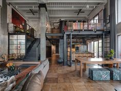 the interior of a loft apartment with exposed ceilings and wooden flooring, along with large windows