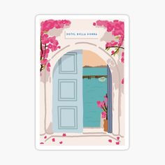 a blue door with pink flowers on it sticker