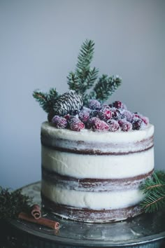 a frosted cake with berries and pine cones on top