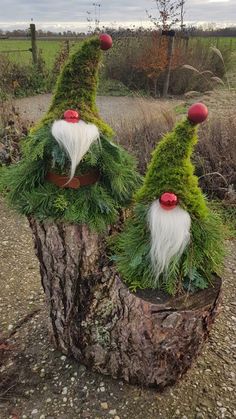 two gnomes made out of grass sitting on top of a tree stump in the middle of a field