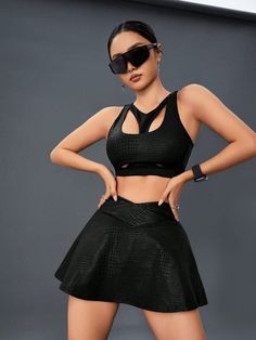 Black  Collar   Crocodile Print,Plain Skirt Embellished High Stretch All,Spring/Summer Women Activewear Outfit Tennis, Skort Outfit, Outfit Baddie, Plain Skirt, Tennis Outfit Women, Summer Shorts Outfits, Athletic Skirt, Tennis Skirts, Sports Skirts