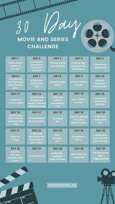 the 30 day movie and series challenge is shown in this graphic style, with an image of