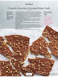 an advertisement for some kind of chocolate and peanut butter bark with nuts on it's wrapper