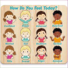 a wooden puzzle with different types of children's faces and the words how do you feel today?