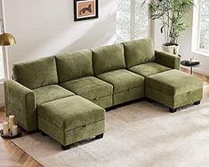 ABCASA Luxury Modular Sectional Sofa w/Storage Seat, 118" U Shaped Couch with Movable Ottoman, Easy to Install - Corduroy Green Green Sofas, Couch With Storage, Storage Seat, Living Room Furniture Styles, Sofa For Living Room, Living Room Apartment, Storage Chaise