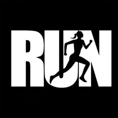 a woman running across the word run on a black and white background with an arrow