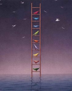 a ladder that is in the water with birds on it and one bird flying above