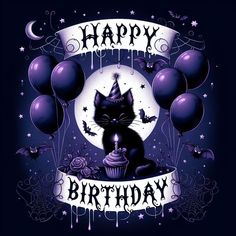 a birthday card with a black cat and balloons