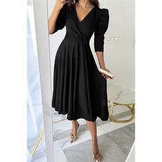 Season:Fall; Fabric:Polyester; Sleeve Length:3/4 Length Sleeve; Look After Me:Machine wash; Gender:Women's; Style:Classic,Elegant Dress; Elasticity:Micro-elastic; Occasion:Date,Tea Party,Wedding Guest; Details:Without Lining; Fit Type:Regular Fit; Dresses Type:Semi Formal Dress,Sheath Dress; Pattern:Solid Color; Design:High Waist; Neckline:V Neck; Sleeve Type:Puff Sleeve; Front page:FF; Listing Date:08/04/2024; Production mode:External procurement; Bust:; Length:; Sleeve:; Waist:; Dress Length T Solid Color Half Sleeve Party Dress, Elegant 3/4 Sleeve Dress For Wedding Guest, Fitted Half Sleeve Dress For Wedding Guest, Solid Color Half Sleeve Evening Dress, Evening Dress With Half Sleeves, Pleated V-neck Dress For Wedding Guest, V-neck Pleated Dress For Wedding Guest, Half Sleeve Dresses For Spring Wedding Guests, Spring Wedding Guest Dress With Half Sleeves