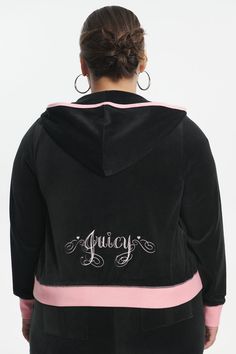 Get ready for Y2K romance with this colorblock cotton velour hoodie featuring a heart script logo on the back. Finished with a soft pink trim, kangaroo pockets and "J" zip pull. Velour Hoodie, Fredericks Of Hollywood, Pink Trim, Script Logo, Couture Tops, Plus Size Shopping, Japanese Fashion, Colorful Hoodies