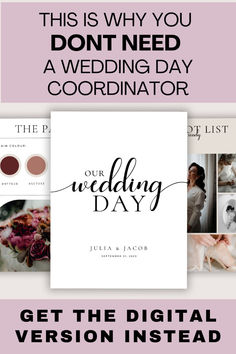 the wedding day flyer is shown with photos and text