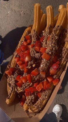 a hot dog covered in toppings and surrounded by french fries