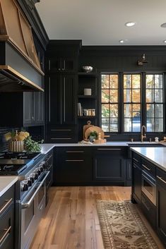 a large kitchen with black cabinets and wood flooring, along with an area rug