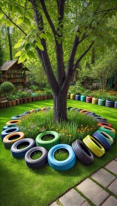 a garden filled with lots of tires sitting on top of green grass