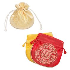 two small bags with red and yellow designs on them, one has a drawstring bag