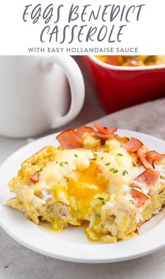 an egg and ham casserole on a plate with a cup of coffee in the background