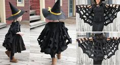 Comment fabriquer une cape en toile d'araignée sans couture! Toddler Witch Costumes, Spider Tutorial, Cape Tutorial, Halloween Capes, Witch Diy, Halloween Spider Web, Witch Costume, Fantasias Halloween, Halloween Deco