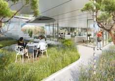 an artist's rendering of people sitting at a table in the middle of a garden