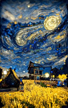 a painting of a starry night with houses in the foreground and yellow flowers in the foreground