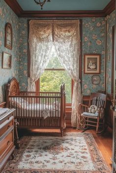 an old fashioned crib in a room with floral wallpaper and wooden trimmings