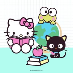 an image of hello kitty with books and apple