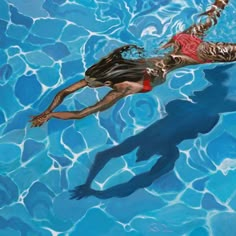 a painting of a woman swimming in a pool with her shadow cast on the water