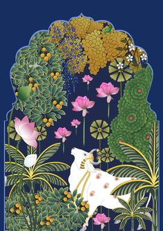 an illustration of a unicorn in the middle of flowers and plants, with blue background