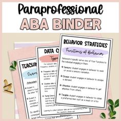 two posters with the words'paraproessnal aba binder '