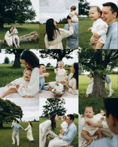 a collage of people holding and playing with their babies in the park, while one woman holds her baby