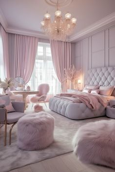 a bedroom decorated in pink and white with fur rugs on the floor, chandelier