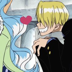 two anime characters with long blonde hair and blue eyes, one is kissing the other