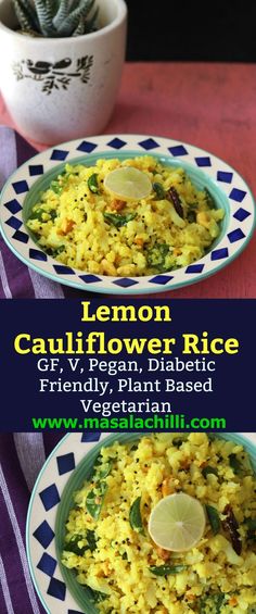 lemon cauliflower rice is served in two bowls on a table next to a potted plant