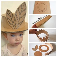 a collage of photos showing the steps to make a paper hat with leaves on it