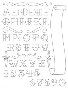 the alphabet and numbers are drawn in black ink on white paper with an ornate design